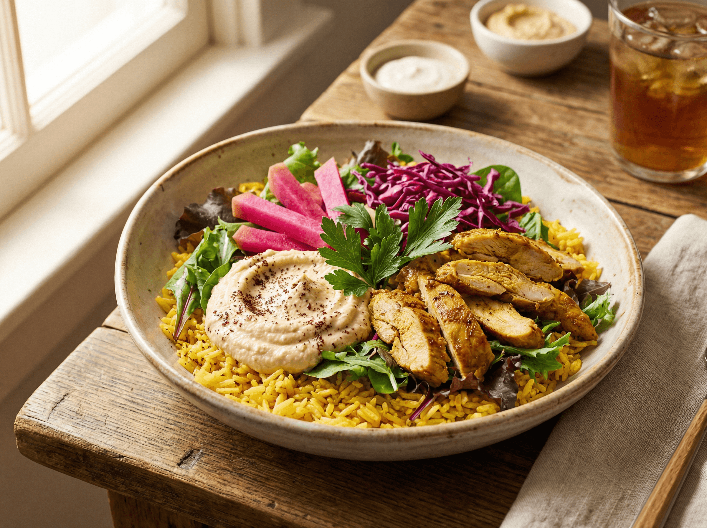 Signature chicken pita bowl — Mediterranean rice, greens, hummus, and grilled chicken